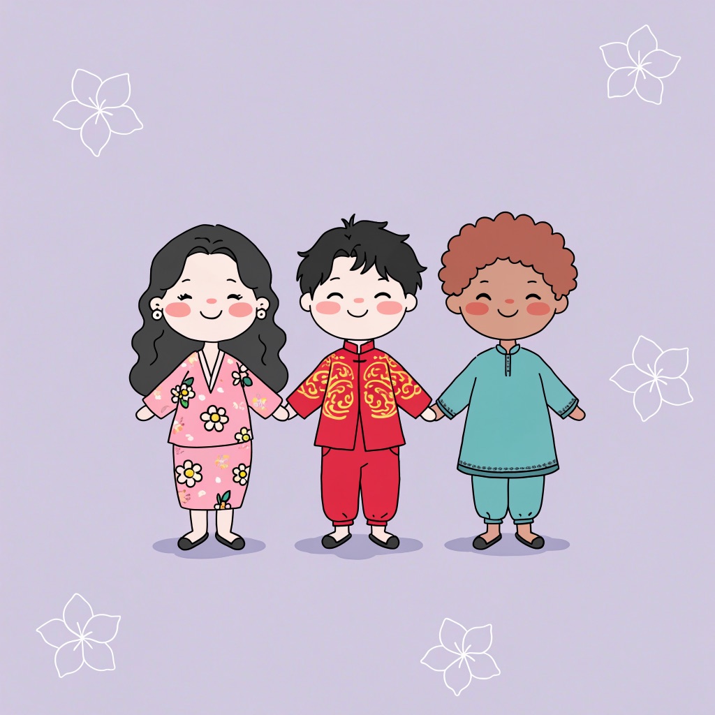 Three cute cartoon friends in Peranakan, Chinese and Indian outfits holding hands
